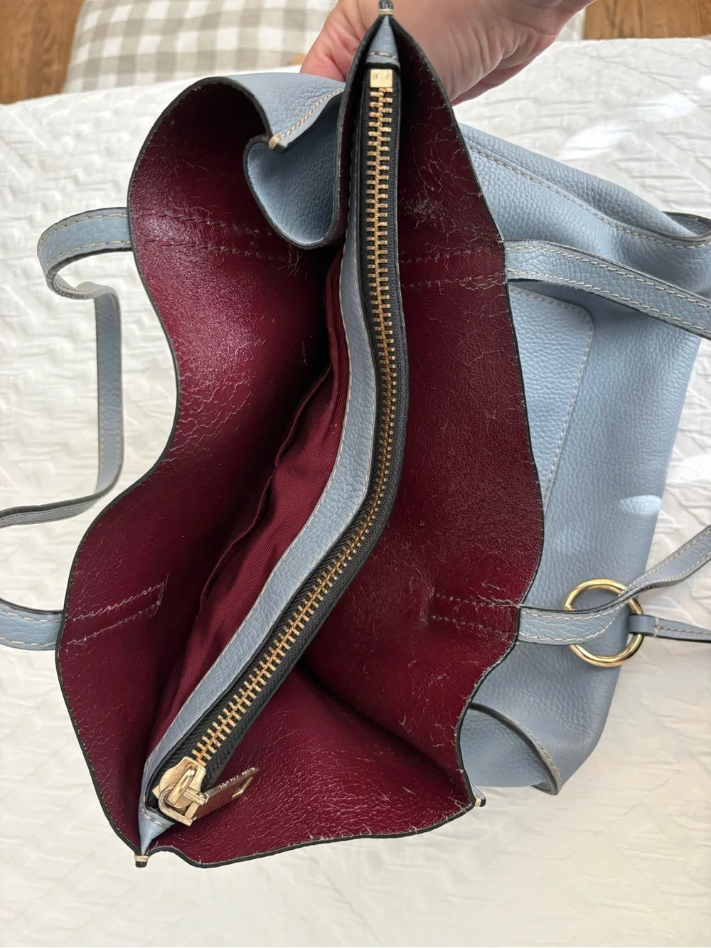 Marc Jacobs Dusty Blue Pebbled Leather Tote with Gold Ring